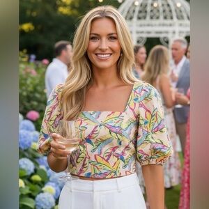 Rachel Roy Colorful Crop Puff Sleeve Top Sz M Cottagecore Resort Wear Vacay NWOT